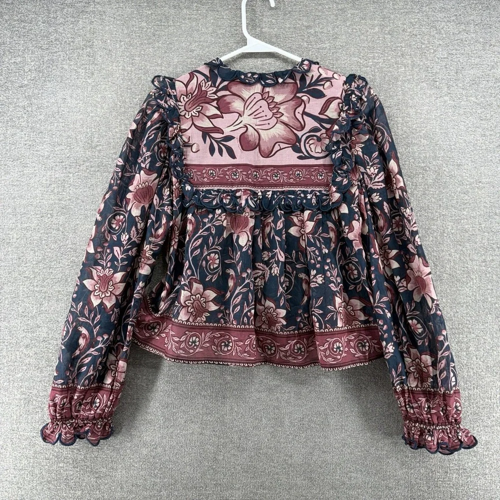 Farm Rio Anika Charm Floral Top Women Size XS Ruffled Cropped Peasant Casual